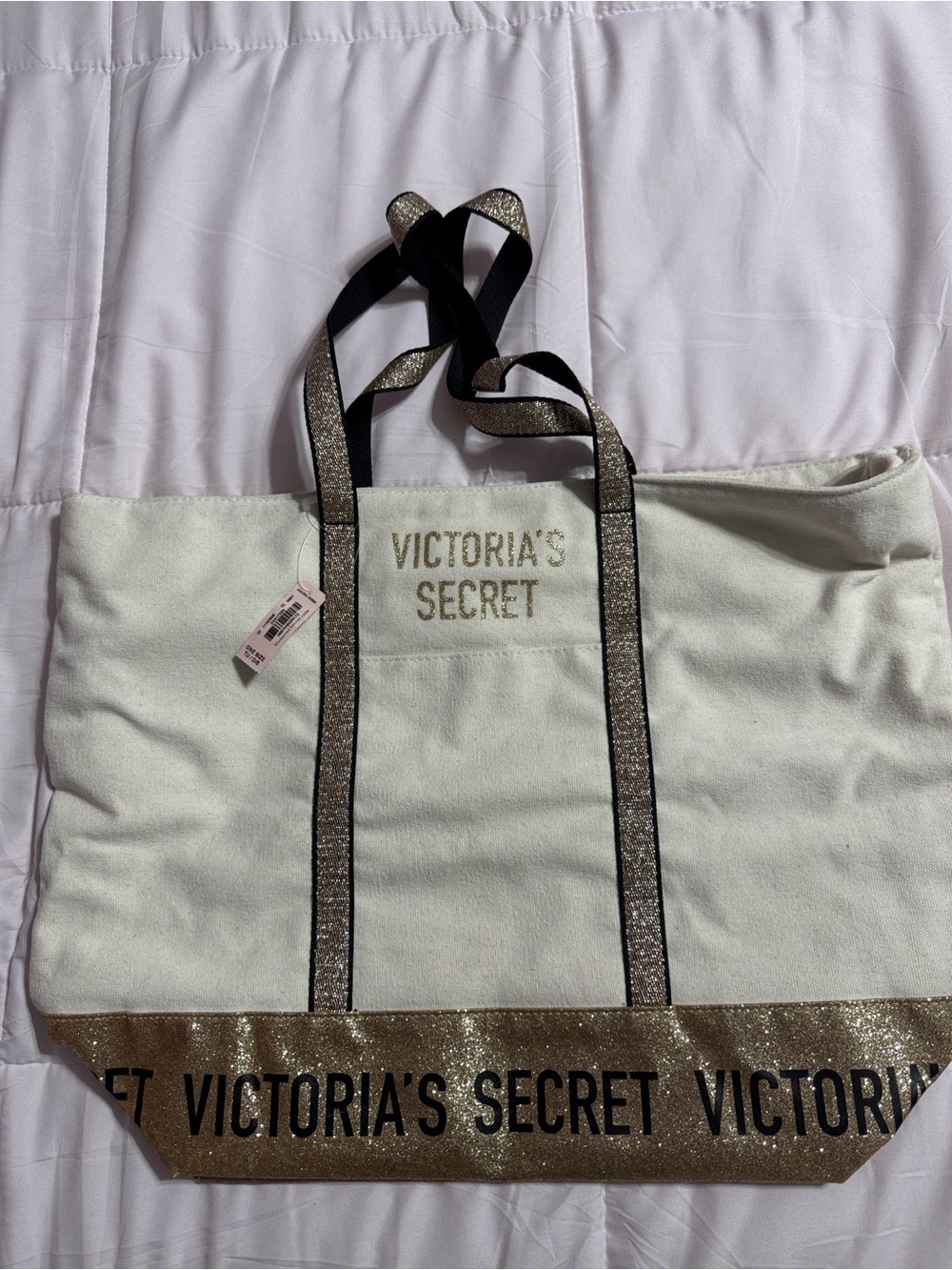 Victoria's Secret Ivory Tote with Gold Glitter Trim